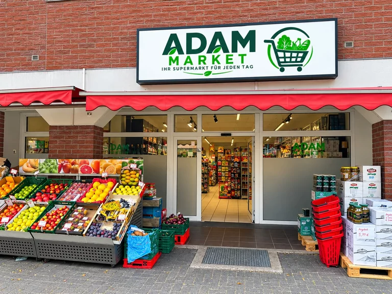 Eingang des ADAM Market mit Obst- und Gemüseauslage