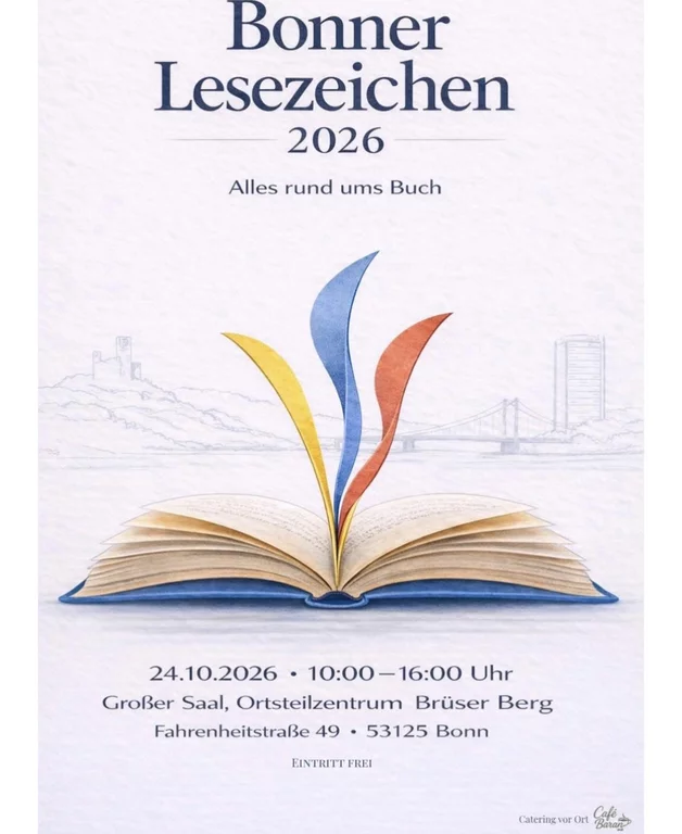 Plakat zum Bonner Lesezeichen 2026 mit offenem Buch, Datum 24. Oktober und dem Hinweis „Eintritt frei“.