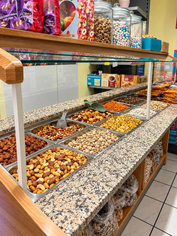 Auslage mit Nüssen und Trockenfrüchten im ADAM Market